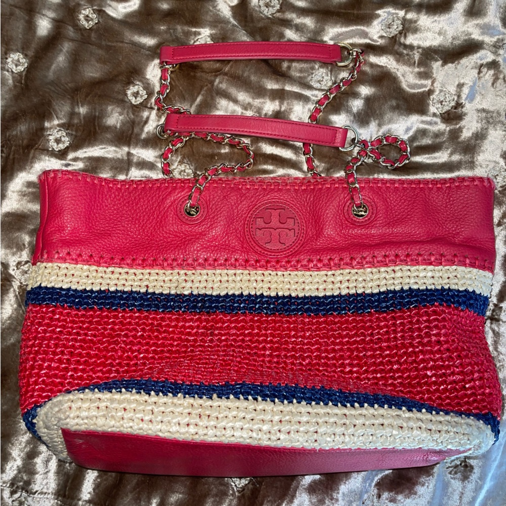 Tory Burch Ruby Jewel Straw Logo Tote